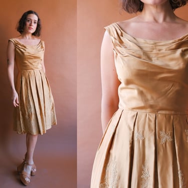Vintage 50s Gold Satin Cocktail Dress with Draped Neckline/ Size XS Small 25 