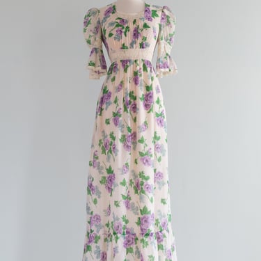 Dreamy 1970's Lavender Rose Print Cotton Voile Dress By Rag Dolls / Small