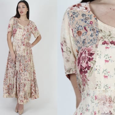 90s Patchwork Floral Dress, 1990s Vintage Cottage Rose Floral Print, Large Tiered Gypsy Festival Maxi Dress 
