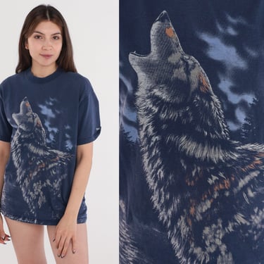 Lone Wolf Shirt 90s Wild Wolves T-Shirt Howling Animal Graphic Tee Nature Wildlife TShirt Retro Front Back Navy Blue Vintage 1990s Medium M 