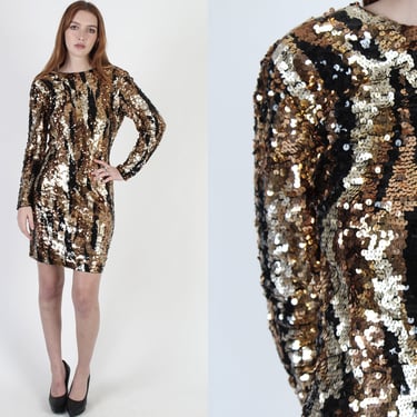 Vintage Oleg Cassini Sequin Dress, Black Tie Shiny Gold Holiday Dress, New Years Eve Party Mini Dress Size 8 