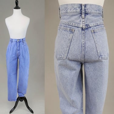 80s Pleated Jeans - 27" or snug 28" waist - Bill Blass - High Rise Waisted - Blue Cotton Denim Pants - Vintage 1980s - 30.5" inseam 