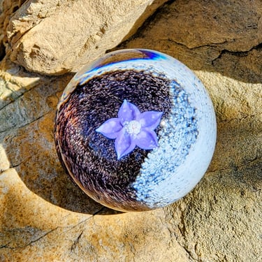 Blown Glass Paperweight Purple Flower~Artisan Glass Orb~Gifts for Her 