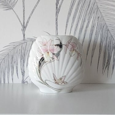 Vintage Vase, by Fine China, Iris Flowers and Butterfly motif, metallic Gold paint, Scallop Shell Body, made in Japan, circa 80's 