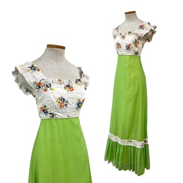 Vtg Vintage1970s 70s 60s Designer Emma Domb Lime Green Calico Cottage Maxi Dress 