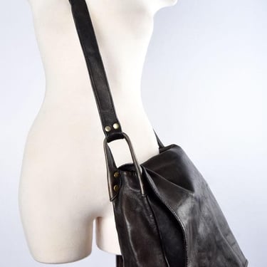 1970's Black Leather Large Crossbody Shoulder Bag Purse, Laptop Case, Vintage Hippie 1960's Boho Overnight Carry On 