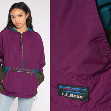 LL Bean Hoodie Windbreaker 90s Purple Hooded Jacket Half Zip Pullover Warm Up Track Jacket 1990s Oversized Hood Vintage Medium M 