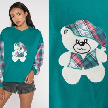 Teddy Bear Sweatshirt 90s Teal Plaid Sleeve Shirt Retro Pullover Crewneck Green Kawaii Grandma 1990s Vintage Large L 