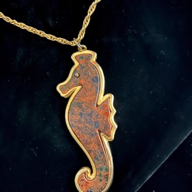 Seahorse Pendant Necklace, Bold Design, Chunky Gold Tone Chain, Sea Horse, Statement Piece, Vintage 