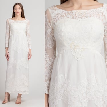 60s 70s Alfred Angelo White Lace Wedding Dress - Petite Extra Small | Vintage Edythe Vincent Designer Long Sleeve Beaded Bridal Gown 