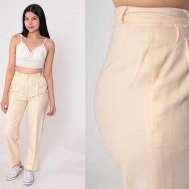 Cream Wool Trousers 80s Pleated Pants High Waisted Tapered Straight Leg Preppy Slacks Plain Vintage 1980s Jennifer Moore Extra Small xs 24 