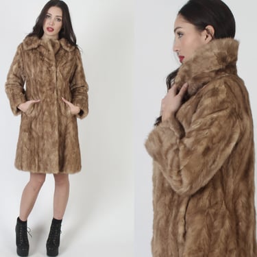 Womens Real Fur Brown Mink Coat / Vintage 80s Mid Length Feathered Jacket / Swing Overcoat With Pockets 