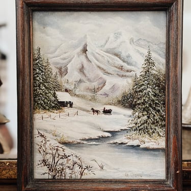 Vintage Original Oil Painting, Winter Moutain Scene 