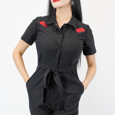 Capri Pin Up Red Rose Jumpsuit, One Piece Black Play Suit XS-3XL 