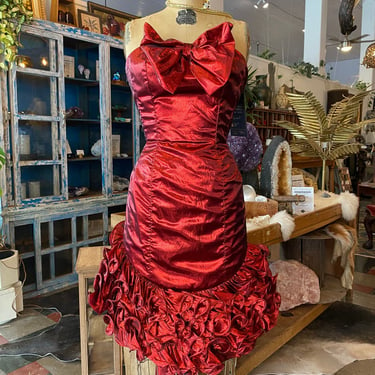 1980s prom dress, red metallic lame', vintage 80s dress, ruched bows, mike benet, strapless cocktail dress, x-small 