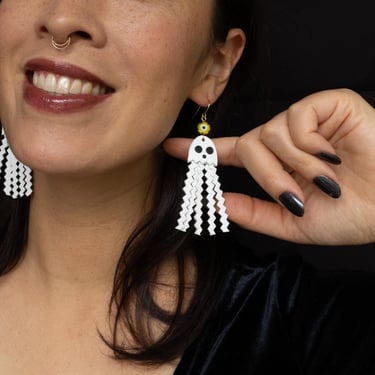 Jelly Ghouls - White Leather Ghost Halloween Earrings 