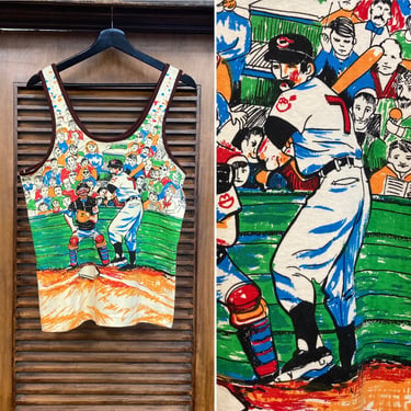 Vintage 1970’s Pop Art Baseball Mod Disco Cartoon Tank Top T-Shirt, 70’s Americana, Vintage Clothing 