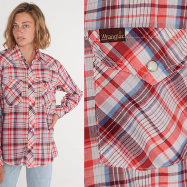 Wrangler Western Shirt 70s 80s Red Plaid Pearl Snap Shirt Retro Cowboy Rodeo Button Up Top Long Sleeve Checkered Vintage 1980s Men's Medium 
