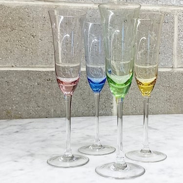 Vintage Champagne Flutes Retro 1990s Contemporary + Colored Glasses + Etched Leaf Design + Set of 4 + Barware + Modern Stemware + Drinking 