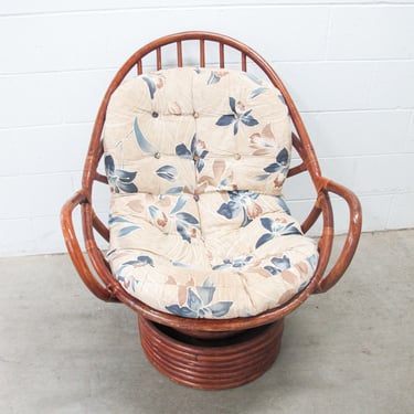 Bamboo Nest Pampasan Chair with Tan and Blue Cushion in Dark Stain 