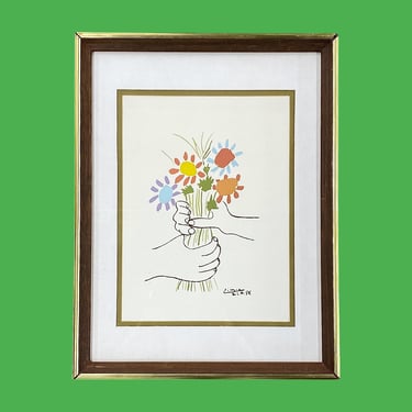 Vintage Pablo Picasso Print 1970s Retro Size 17x13 Mid Century Modern + Bouquet of Peace/Hand With Flowers + Reproduction + Home/Wall Decor 