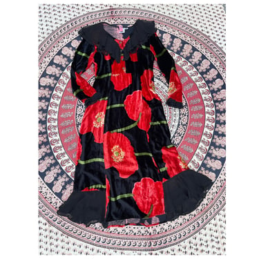 Vintage ‘90s PAPILLION poppy print dress | bohemian rayon velvet gown, M 
