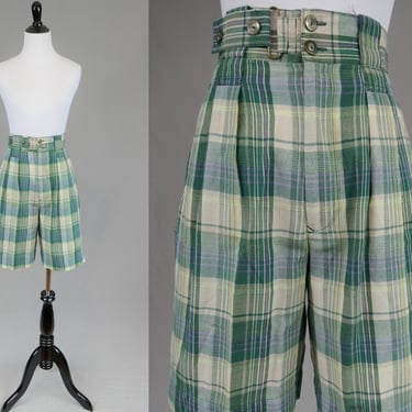 80s 90s Plaid Shorts - 25.5 waist - Pleated High Rise - Green Off-White Purple - Vintage 1980s 1990s - XS S 