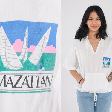 Mazatlan Shirt Y2K Mexico T-Shirt Nautical Sailboat Graphic Tee Light White Kangaroo Pocket V Neck Drawstring Retro Top Vintage 00s Medium M 