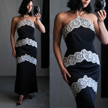 Vintage 90s ESCADA Black Silk Hourglass Halter Dress w/ Ivory Floral Sequined Chevron Lace | Made in Germany | 1990s ESCADA Designer Gown 