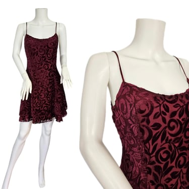 1990's Burgundy Cut Velvet Short Sleeveless Slip Dress I Sz Med I Steppin Out 