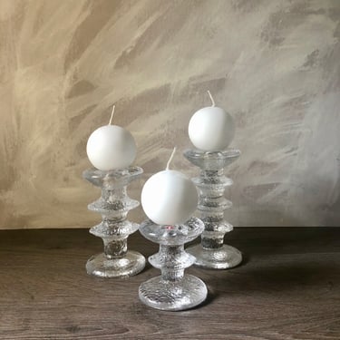 Vintage Set of 3 Iittala Festivo Candle Holder, Icy 1960s Finnish Finland Design - Designed by Timo Sarpaneva - Glass Candle Holders 