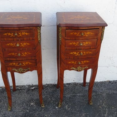 French Tall Narrow Inlay Nightstands End Side Bedside Tables a Pair 4867