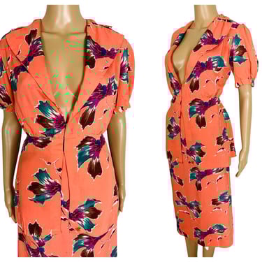 Vintage Late 1930's Bright Floral Cold Rayon 2 Piece Suit Set - Blouse Jacket & Skirt - size XS Extra Small 