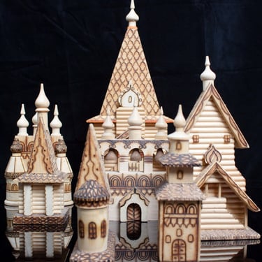 Handcrafted Wooden Russian Church Models Set | Pyrography 