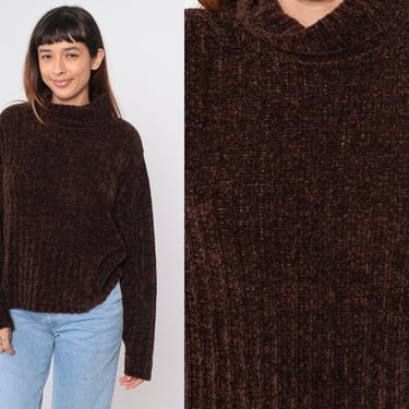 Chenille Cowl Neck Sweater 90s Dark Brown Acrylic Knit Sweater Turtleneck Ribbed Pullover Slouchy Plain Cozy Jumper Vintage 1990s Large L 