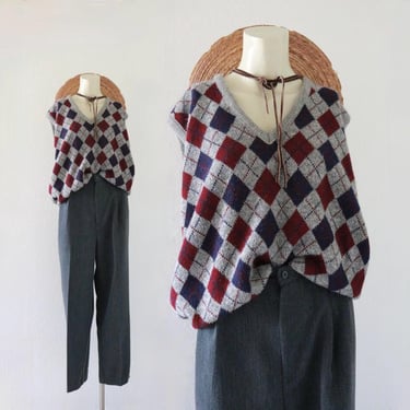 mohair argyle sweater vest - vintage unisex 90s y2k gray pullover mens womens sleeveless knit wool 