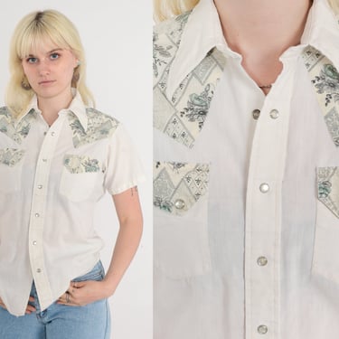 Floral Western Shirt 70s Pearl Snap Blouse Western Button up Semi-Sheer White Short Sleeve Cowboy Rodeo Flower Print Top Vintage 1970s Small 