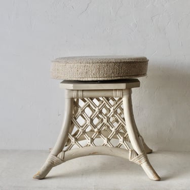 Coastal Painted Bamboo Rattan Cane Wicker Asain Style Stool Padded Swivel Seat Vintage 