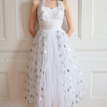 1950s Tulle Dress with Silver Leaf Motif | XXS 