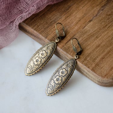 Victorian Art Nouveau floral filigree earrings, vintage antique brass French earrings, cottagecore dark academia handmade jewelry 