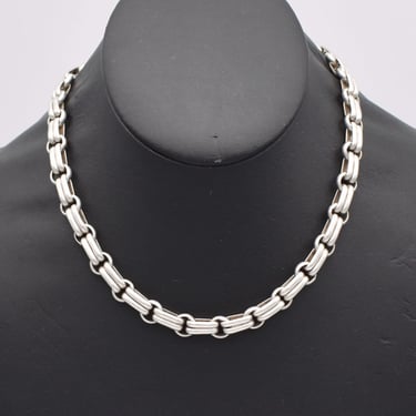 Heavy 80's 925 silver double bars & circles rocker choker, edgy geometric sterling biker chain necklace 