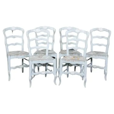 Set 6 Blue and White Paint Decorated Rush Seated French Country Dining Chairs