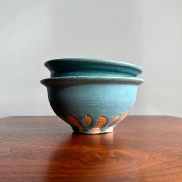 Pair of vintage turquoise bowls / handmade signed studio pottery dishes 