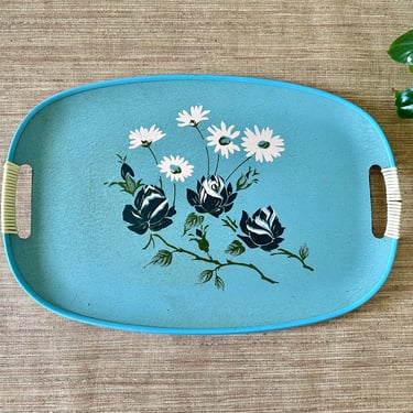 Vintage Blue Floral Oval Serving Tray with Handles - Yanmar Art - Made in Japan 