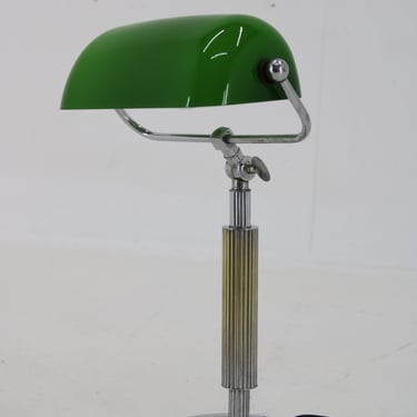 1930s Art Deco Chrome Plated  Banker Table Lamp , Czechoslovakia / Mid-century / Vintage Lamp / Green Colour / 