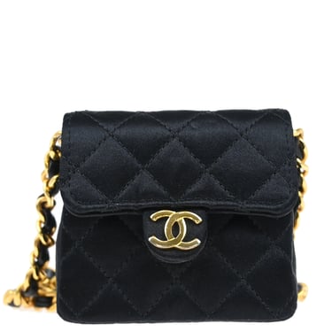 Chanel 1989-1991 Black Satin Classic Flap Micro Chain Crossbody Bag Pouch