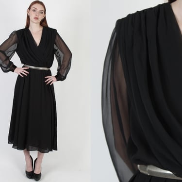 80s Black Tie Evening Dress, Draped Black Chiffon Party Wrap, Vintage One Color Plain Tuxedo Maxi Dress 