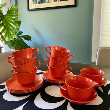 Vintage Allied Chemical Atomic Orange Melamine Melmac Tableware/ retro Orange Decor / Melamine Coffee cups/ Mid Century kitchenware/ 20 pcs 
