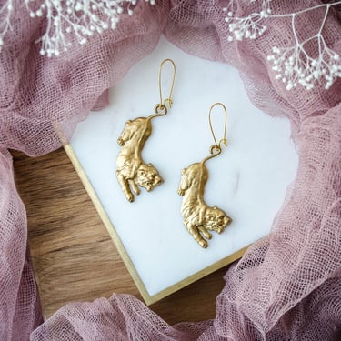 gold crouching tiger earrings, tiger charm earrings, vintage brass earrings, bohemian gift for her, statement earrings 