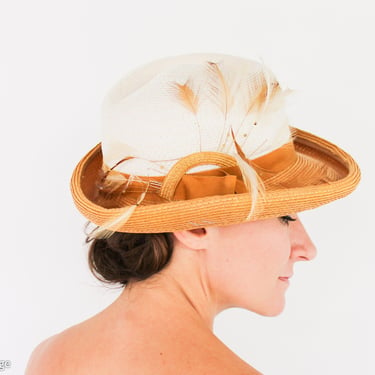 1970s Creme Woven Feather Hat | 70s White & Gold Raffia Hat | Sandra New York 